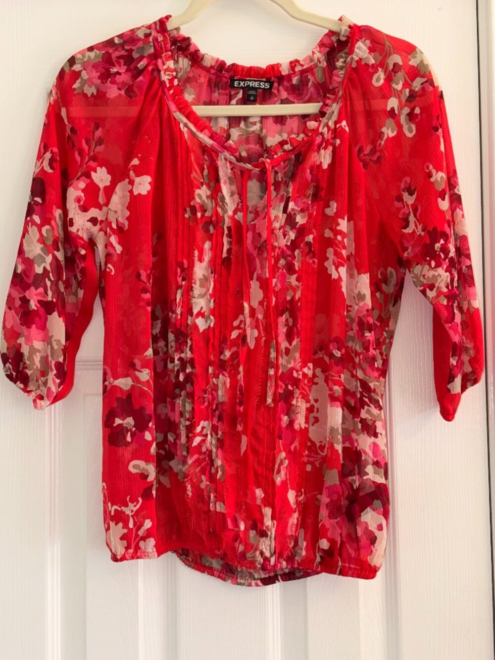 Express Red Sheer 3/4 sleeve elastic waist size small blouse